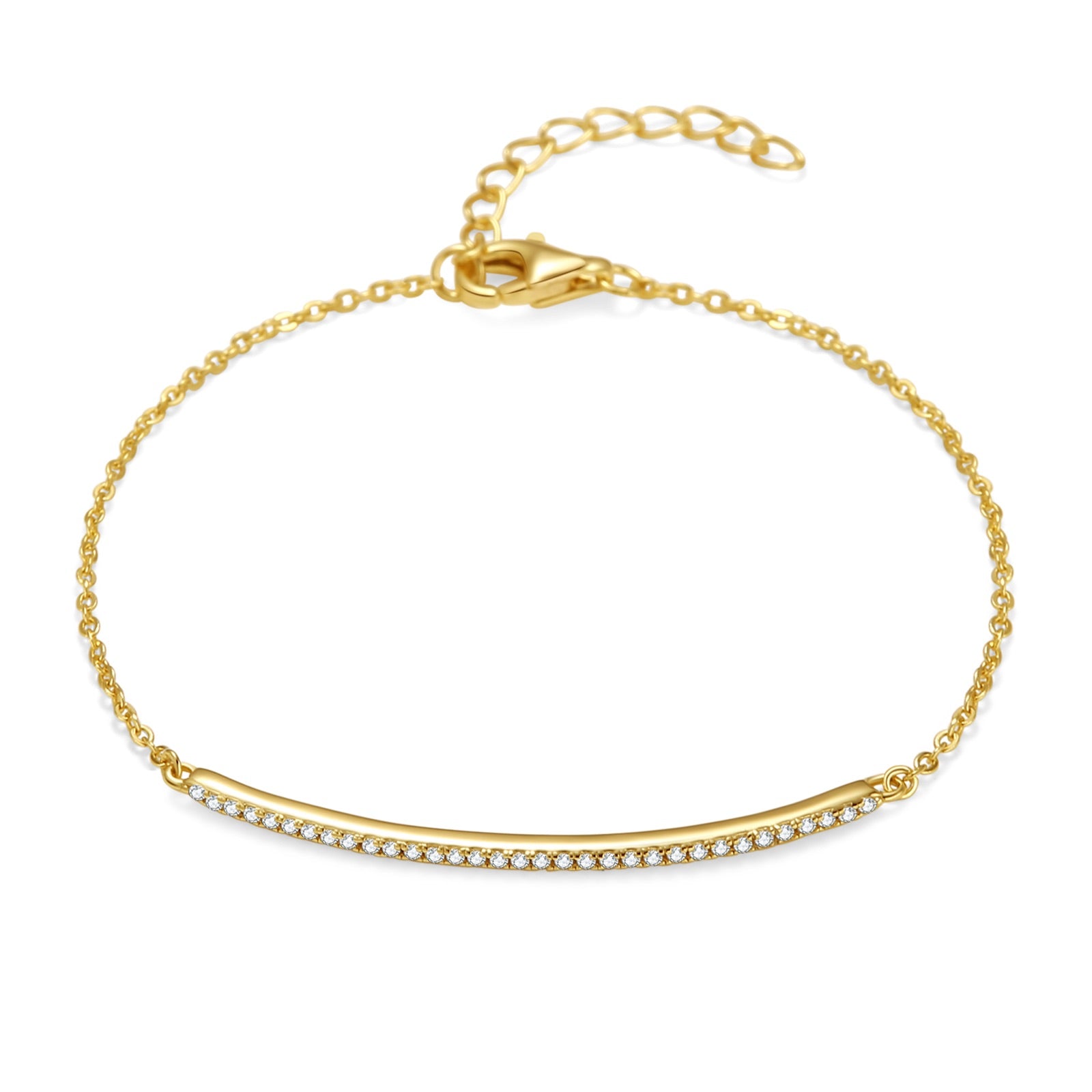Minimalist Arc Charm Bracelet in 18 carat gold vermeil, adorned with a Moissanite arc design and an adjustable chain, perfect for daily wear or as a thoughtful gift.