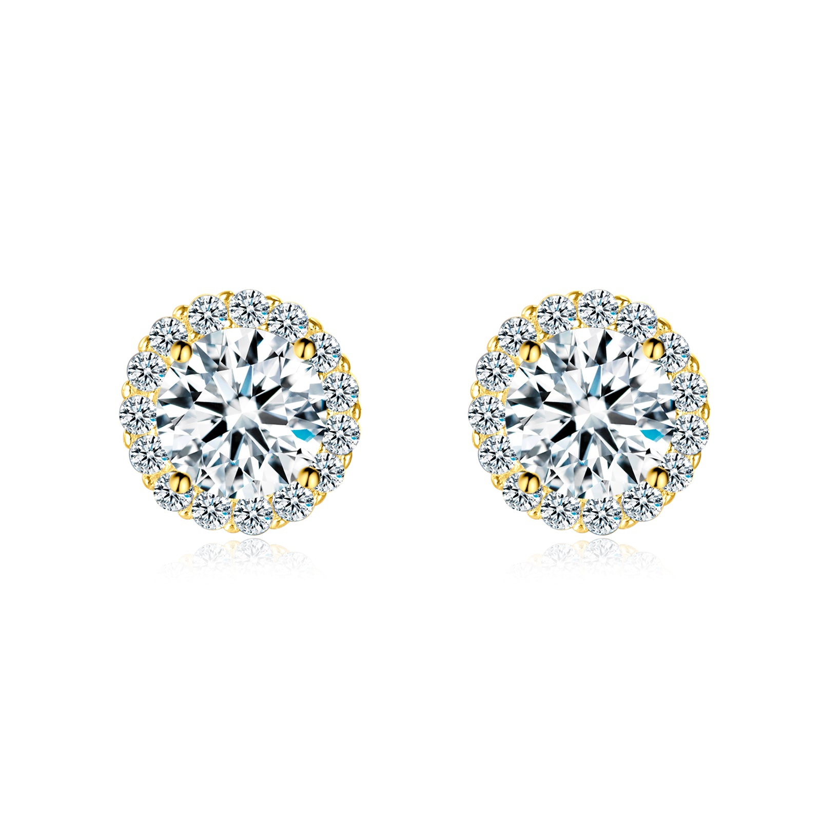 Brilliance Halo Studs in 18 carat gold vermeil, featuring a brilliant Moissanite center stone surrounded by a halo of smaller stones, perfect for daily wear or as a thoughtful gift.