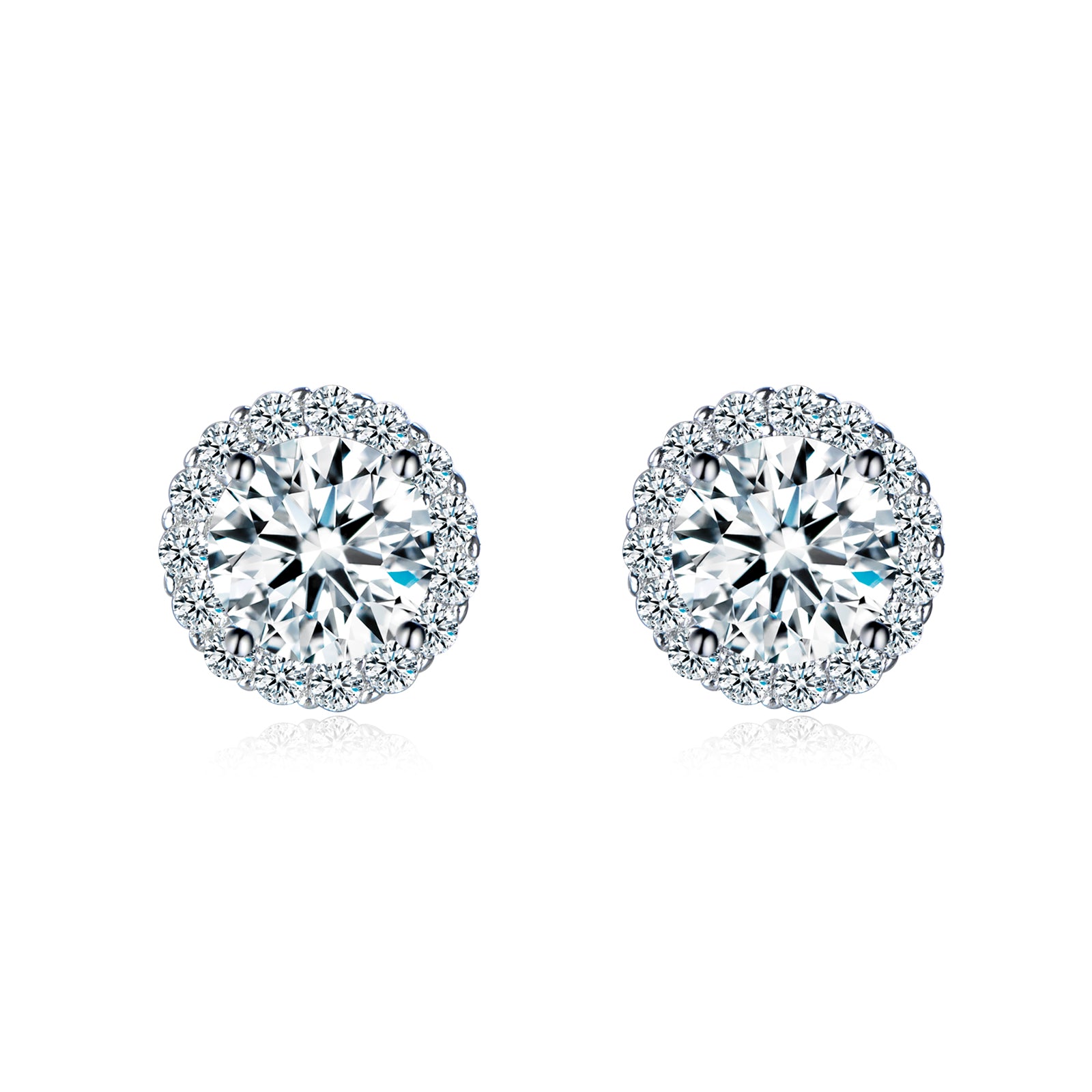 Brilliance Halo Studs in 18 carat white gold vermeil, featuring a brilliant Moissanite center stone surrounded by a halo of smaller stones, perfect for daily wear or as a thoughtful gift.