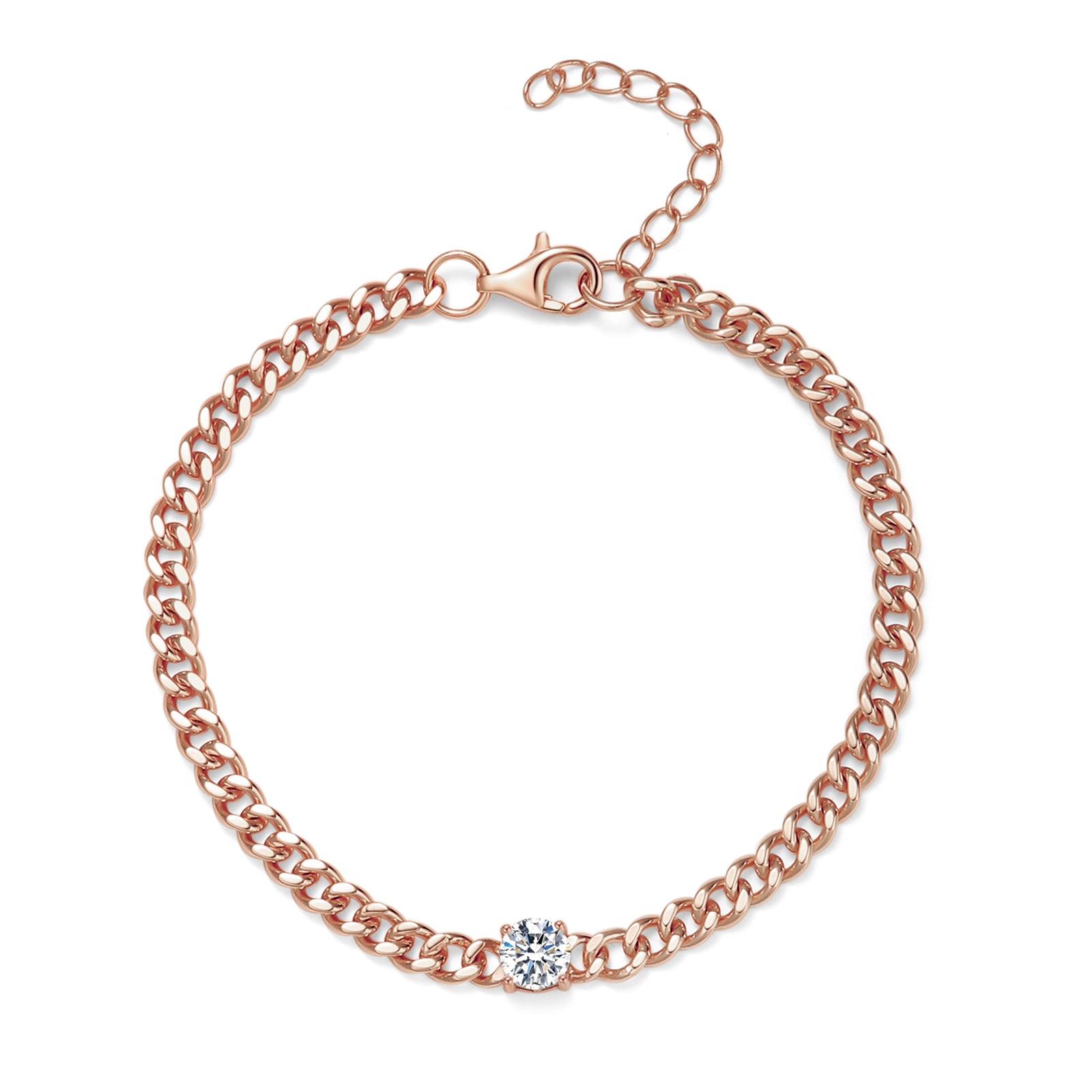 Minimalist chain bracelet in 18 carat rose gold vermeil featuring a single Moissanite stone with adjustable chain, perfect for daily wear or as a thoughtful gift.
