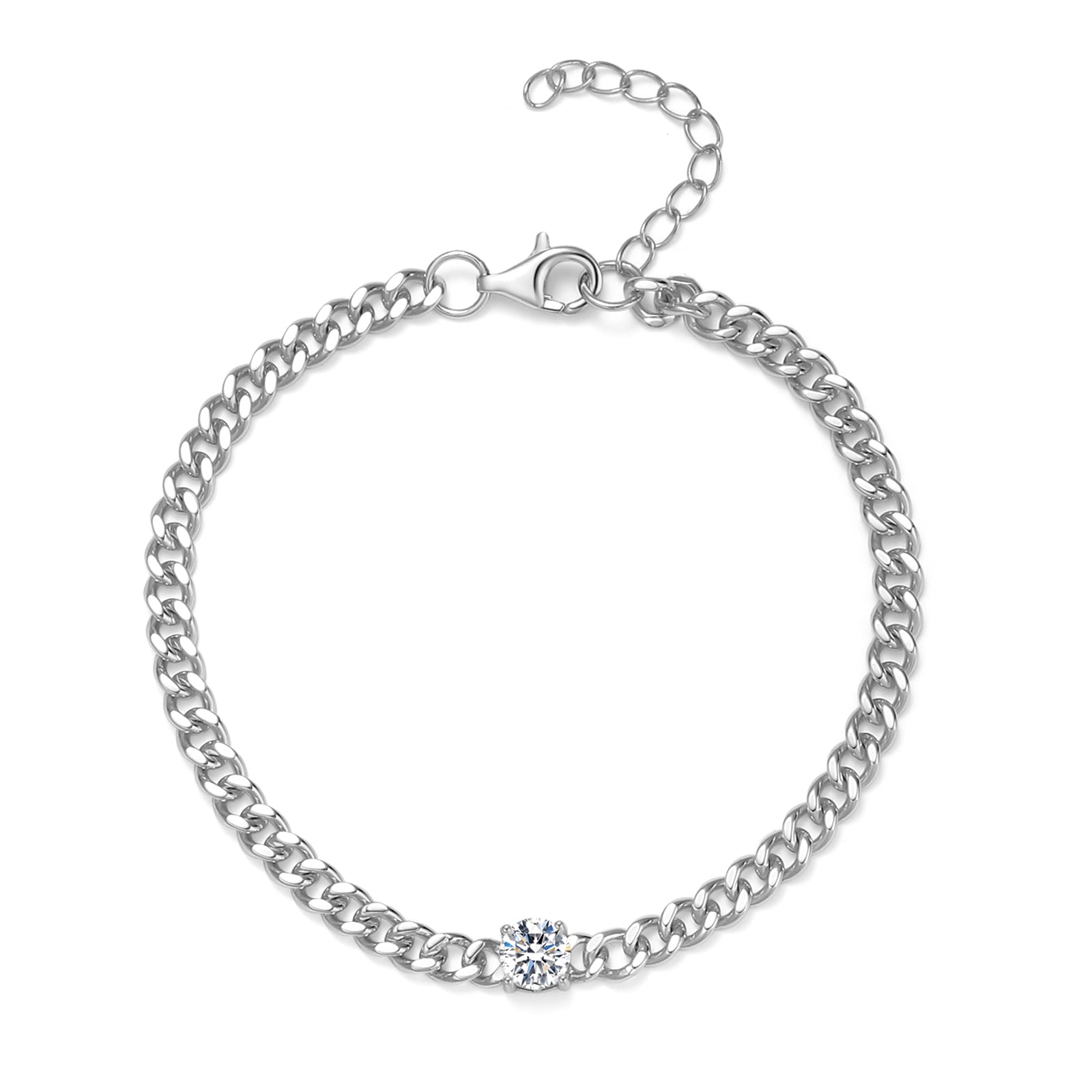Minimalist chain bracelet in 18 carat white gold vermeil featuring a single Moissanite stone with adjustable chain, perfect for daily wear or as a thoughtful gift.