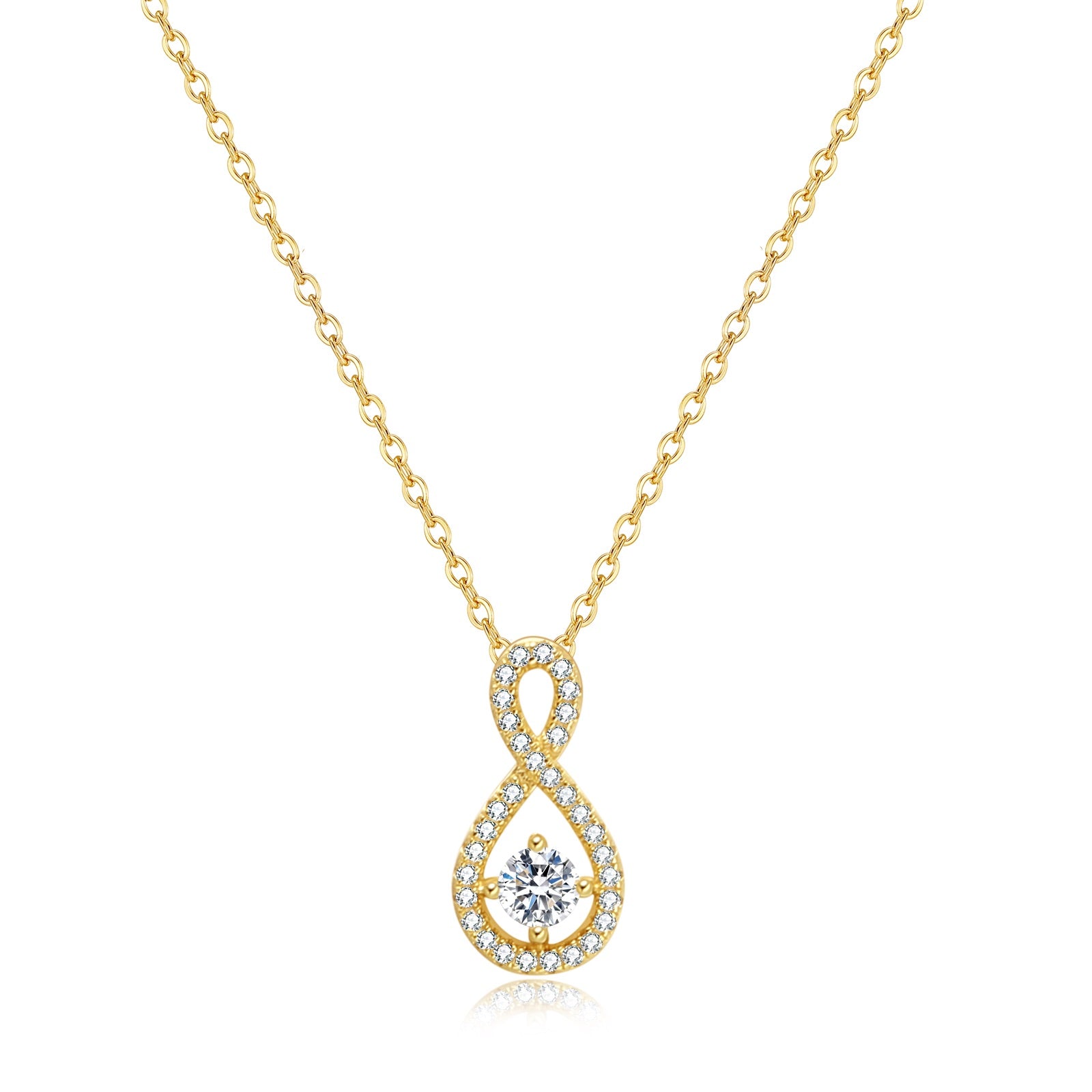 Eternal Loop Necklace in 18 carat gold vermeil featuring an infinity loop design with a center Moissanite stone and adjustable chain, perfect for daily wear or as a thoughtful gift.