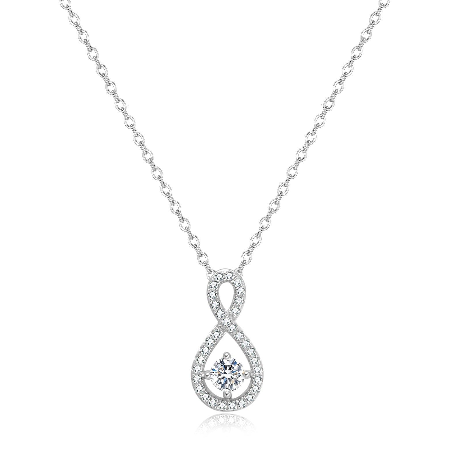 Eternal Loop Necklace in 18 carat white gold vermeil featuring an infinity loop design with a center Moissanite stone and adjustable chain, perfect for daily wear or as a thoughtful gift.