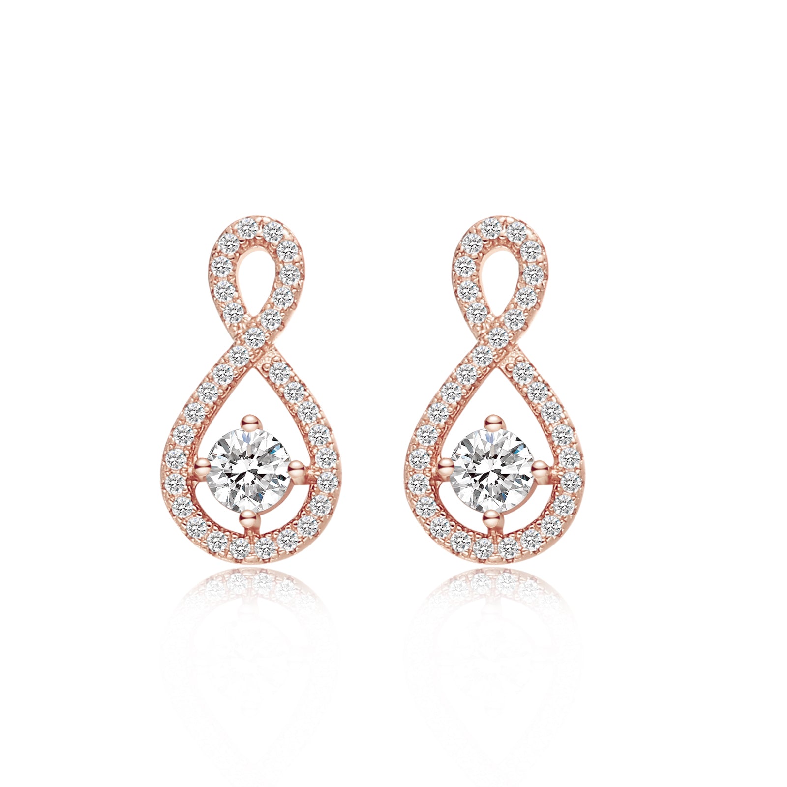 Elegant Loop Earring Studs in 18 carat rose gold vermeil, featuring an infinity loop design with a central Moissanite stone, perfect for daily wear or as a thoughtful gift.