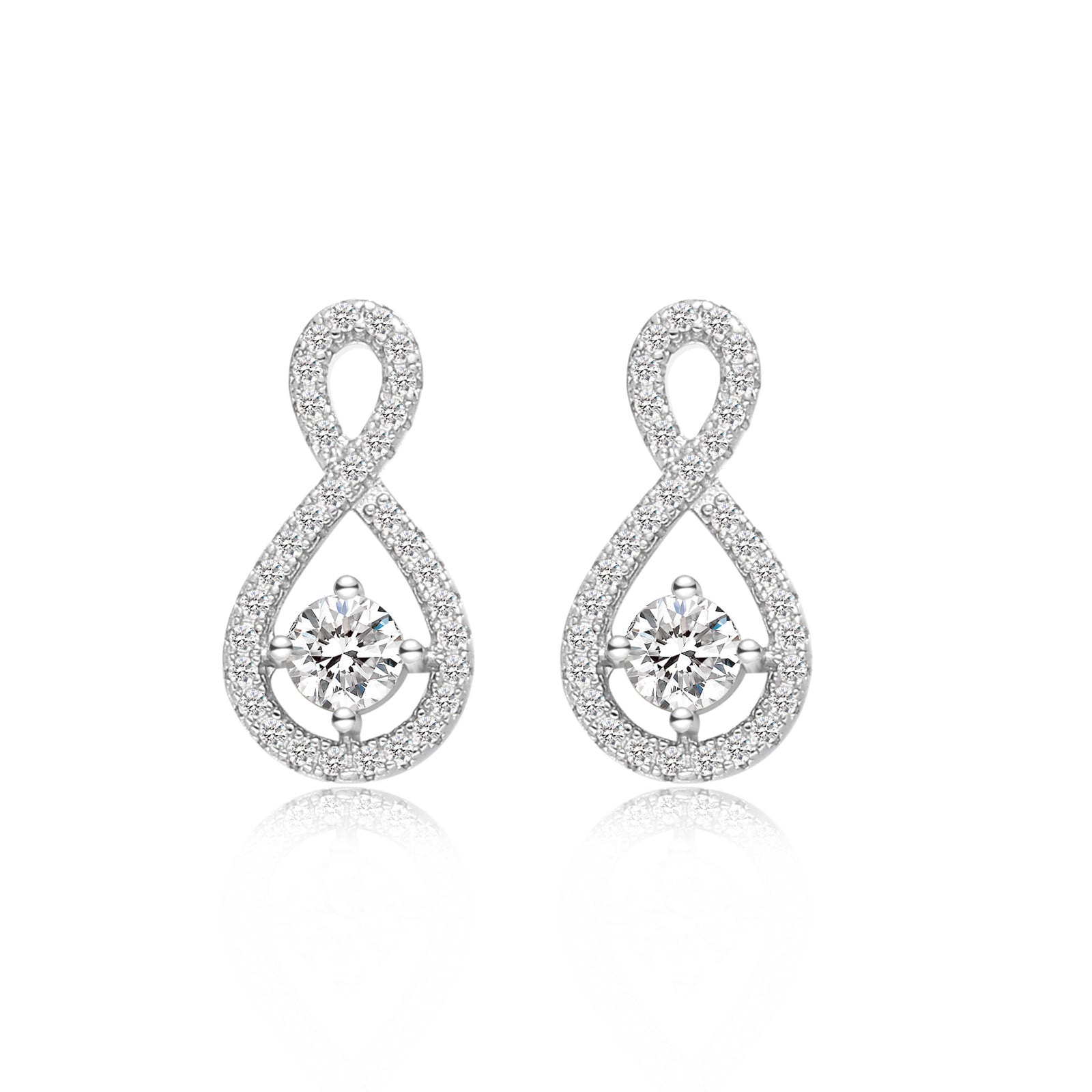 Elegant Loop Earring Studs in 18 carat white gold vermeil, featuring an infinity loop design with a central Moissanite stone, perfect for daily wear or as a thoughtful gift.