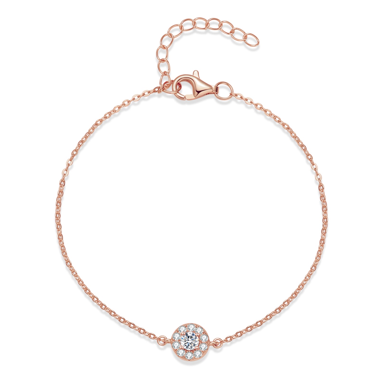 Minimalist Halo Charm Bracelet in 18 carat rose gold vermeil featuring a central Moissanite stone surrounded by a halo design, set on an adjustable chain, perfect for daily wear or as a thoughtful gift.